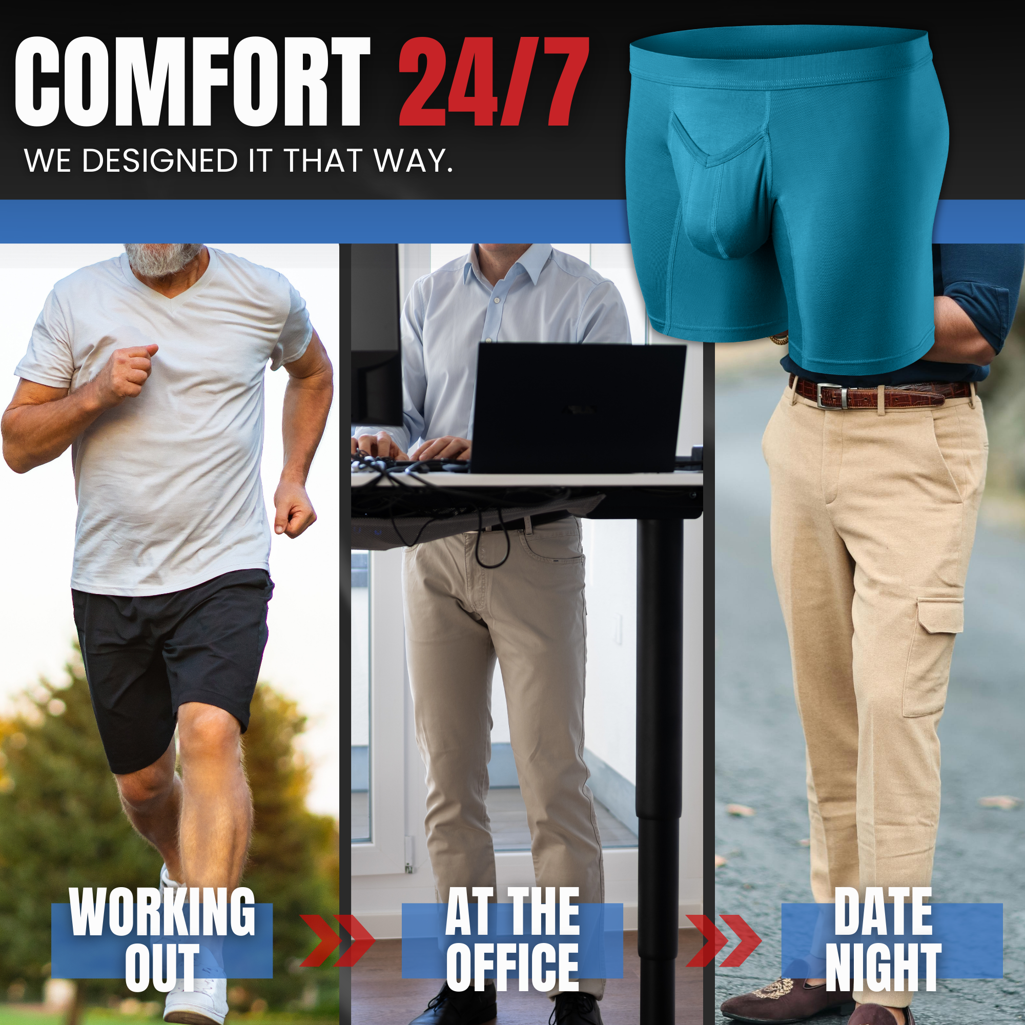 Modal 7in Boxer Briefs V-FLY 3pk Black/Cyan/Gray