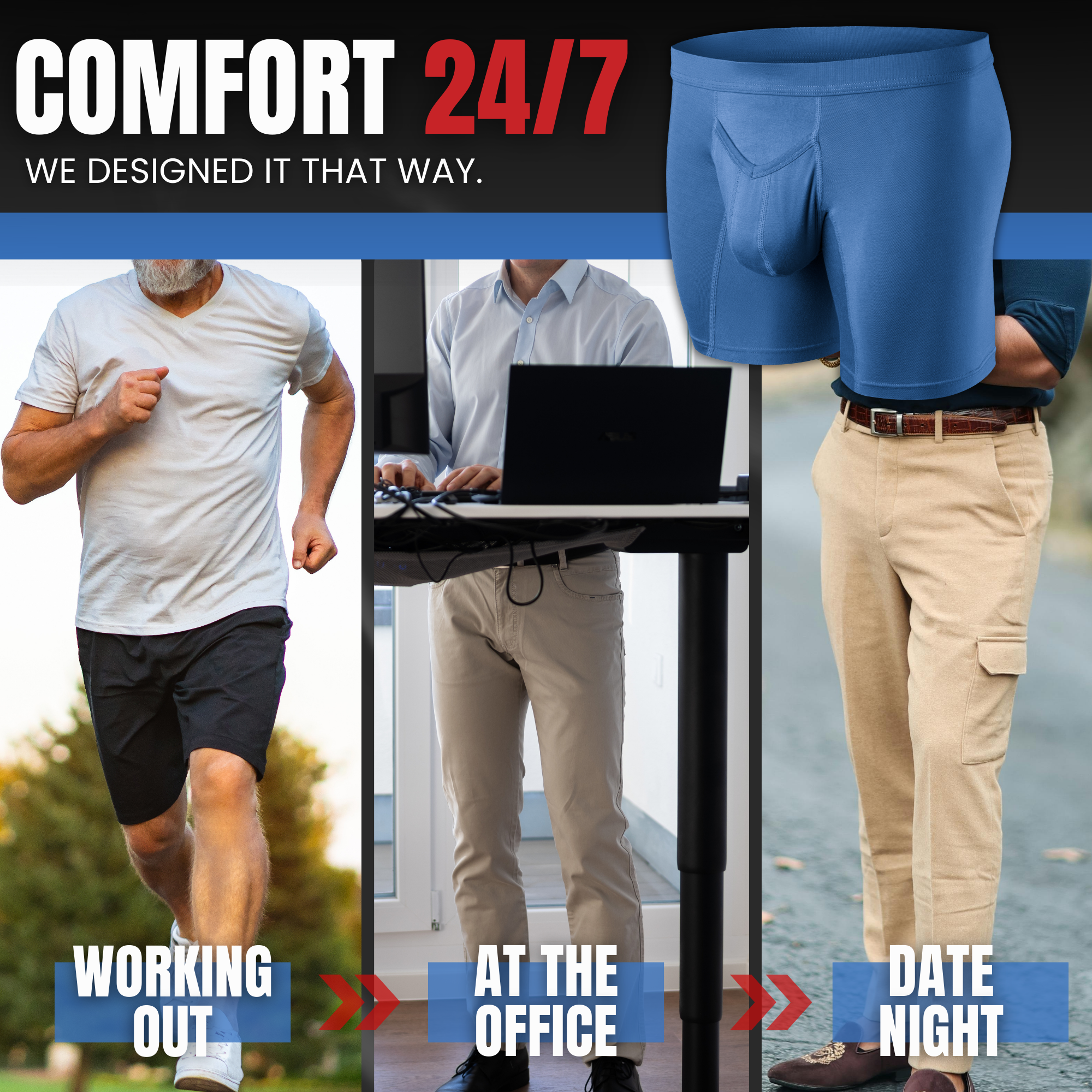 Modal 7in Boxer Briefs V-FLY 3pk Slate/Heather Gray/Blue