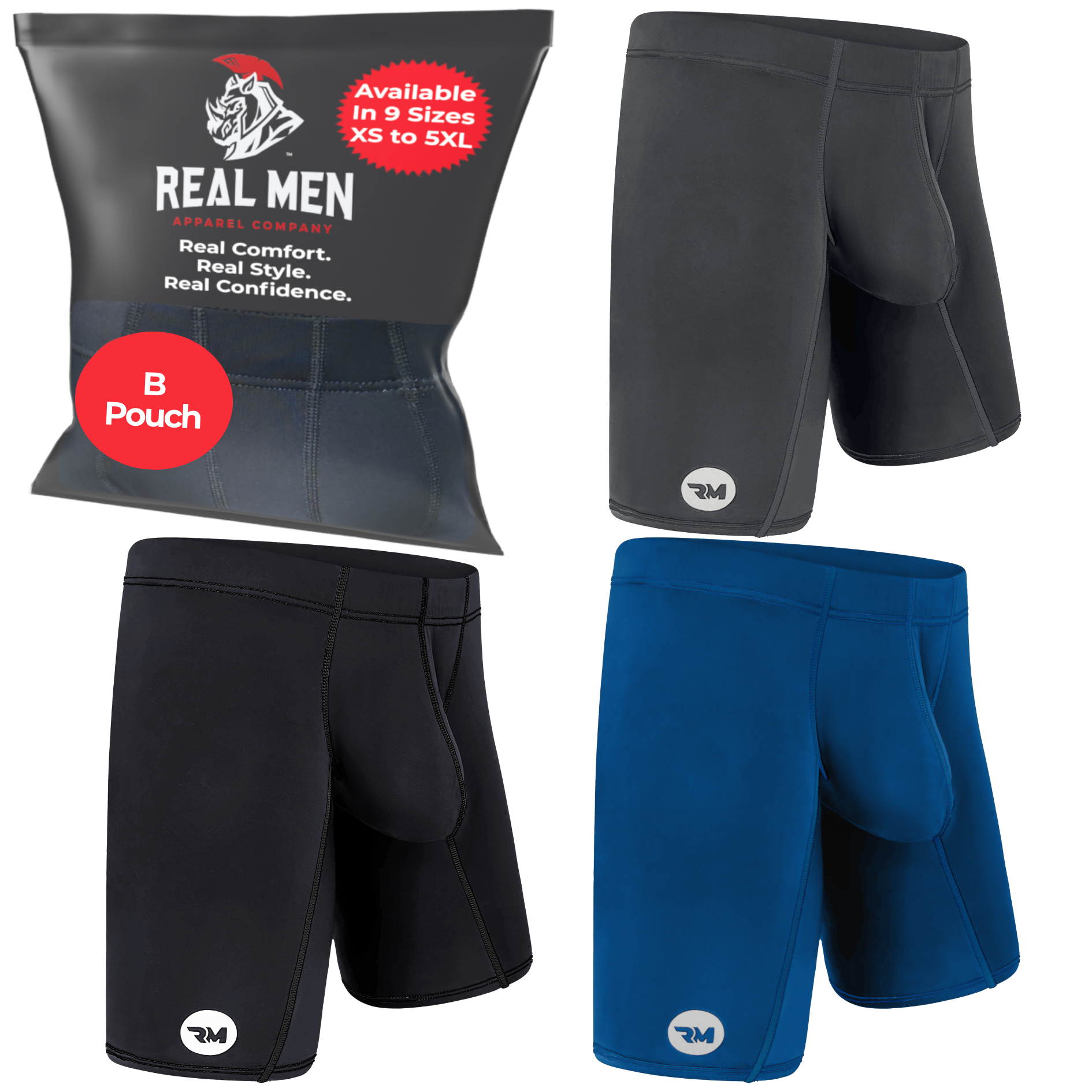 Nylon 6in Boxer Briefs No Fly 3pk Black/Blue/Gray