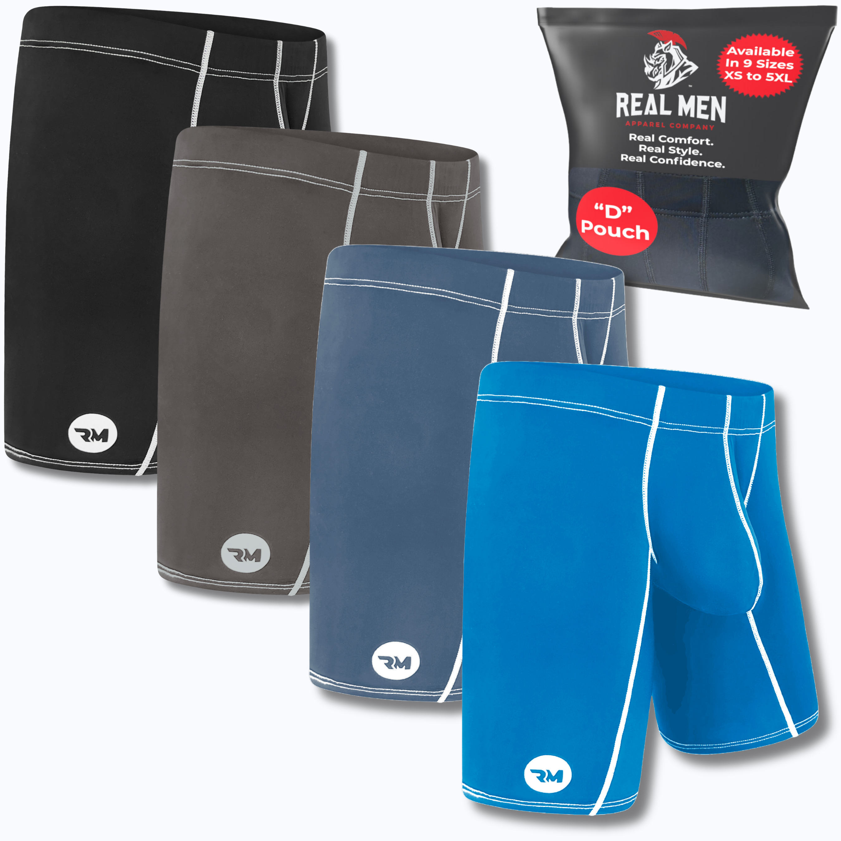 Nylon 9in Boxer Briefs No Fly 4pk Black/Dark Blue/Gray/Light Blue ...