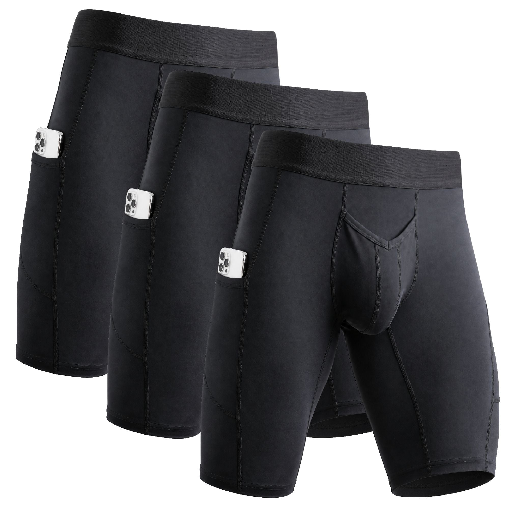 Brushed Nylon 12in Boxer Briefs V-Fly 3pk Black