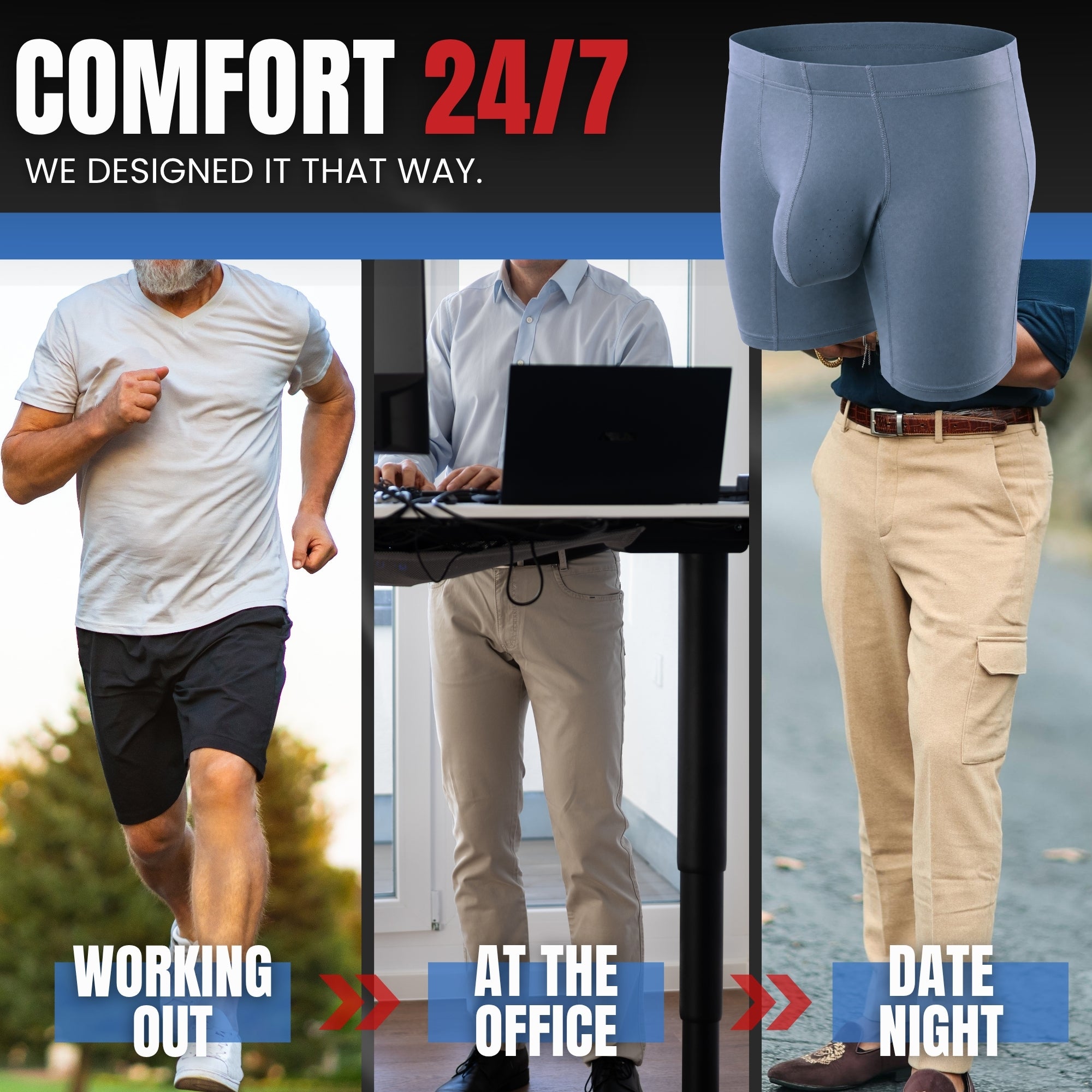 Nylon 6in Boxer Briefs No Fly 3pk Black/Blue/Gray