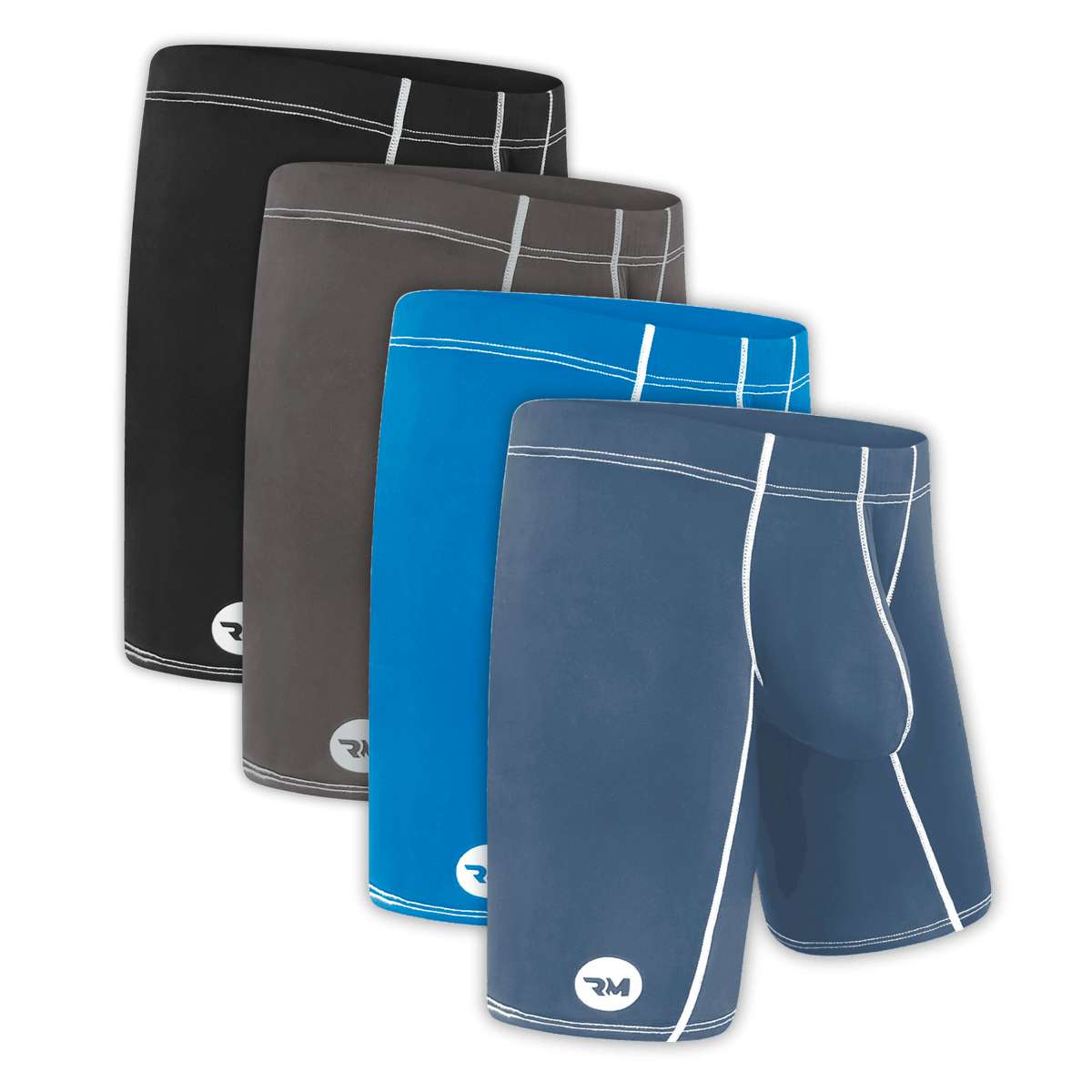 Nylon 9in Boxer Briefs No Fly 4pk Black/Dark Blue/Gray/Light Blue