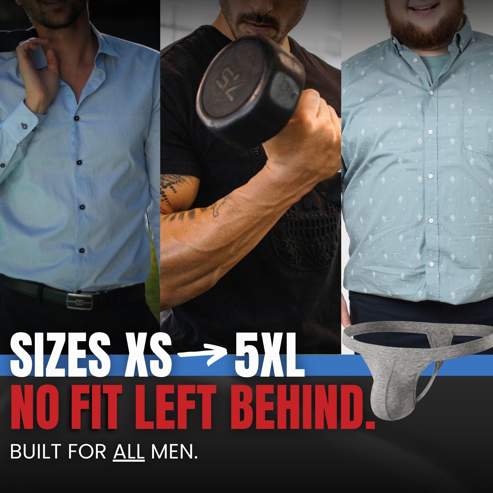 RMAC.STORE inclusive sizing graphic for men XS to 5XL with text: No Fit Left Behind.