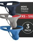 3-pack of men's pouch thongs in navy, grey, and blue, sizes XS to 5XL.