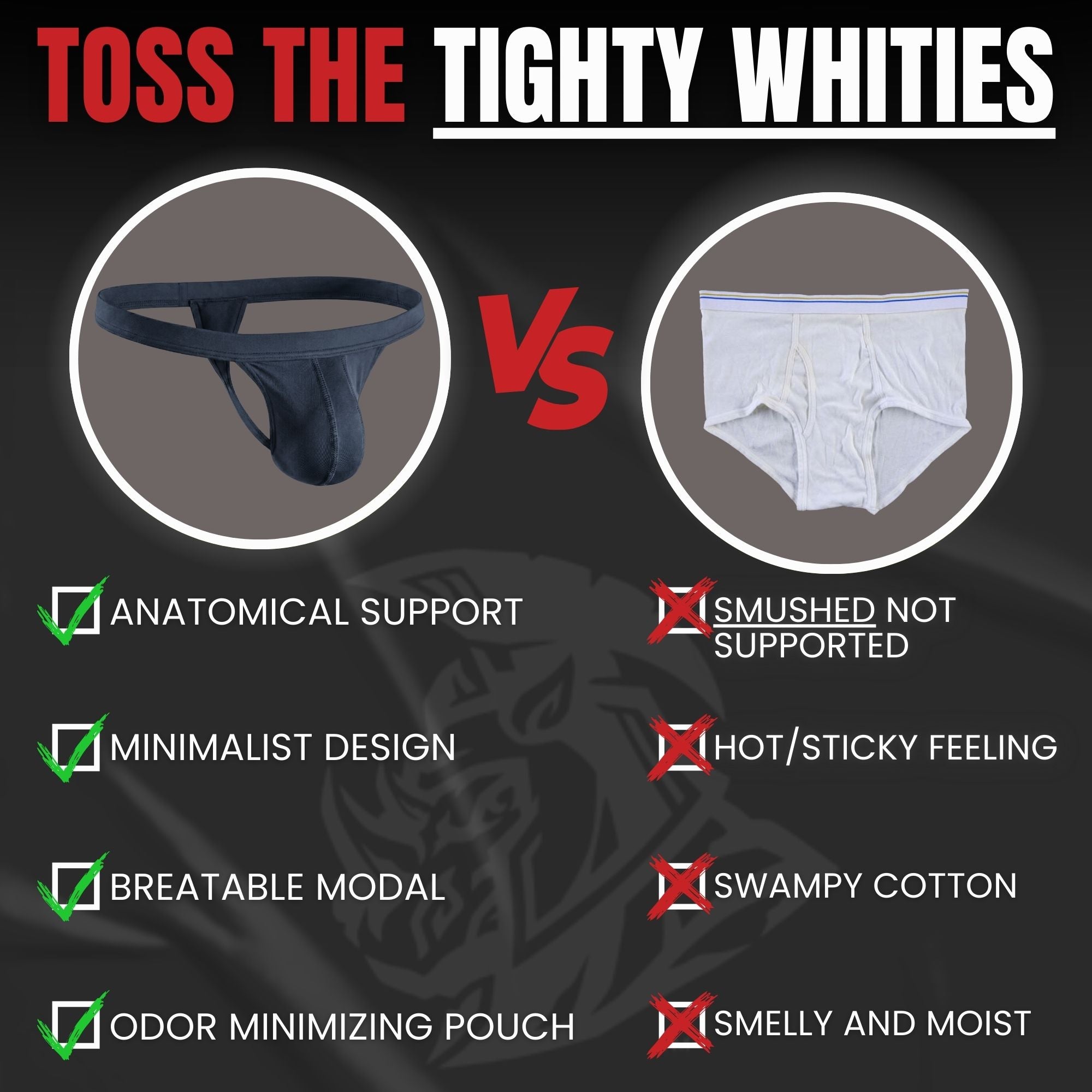 RMAC.STORE comparison chart: Anatomical support and breathable modal vs. standard cotton briefs.
