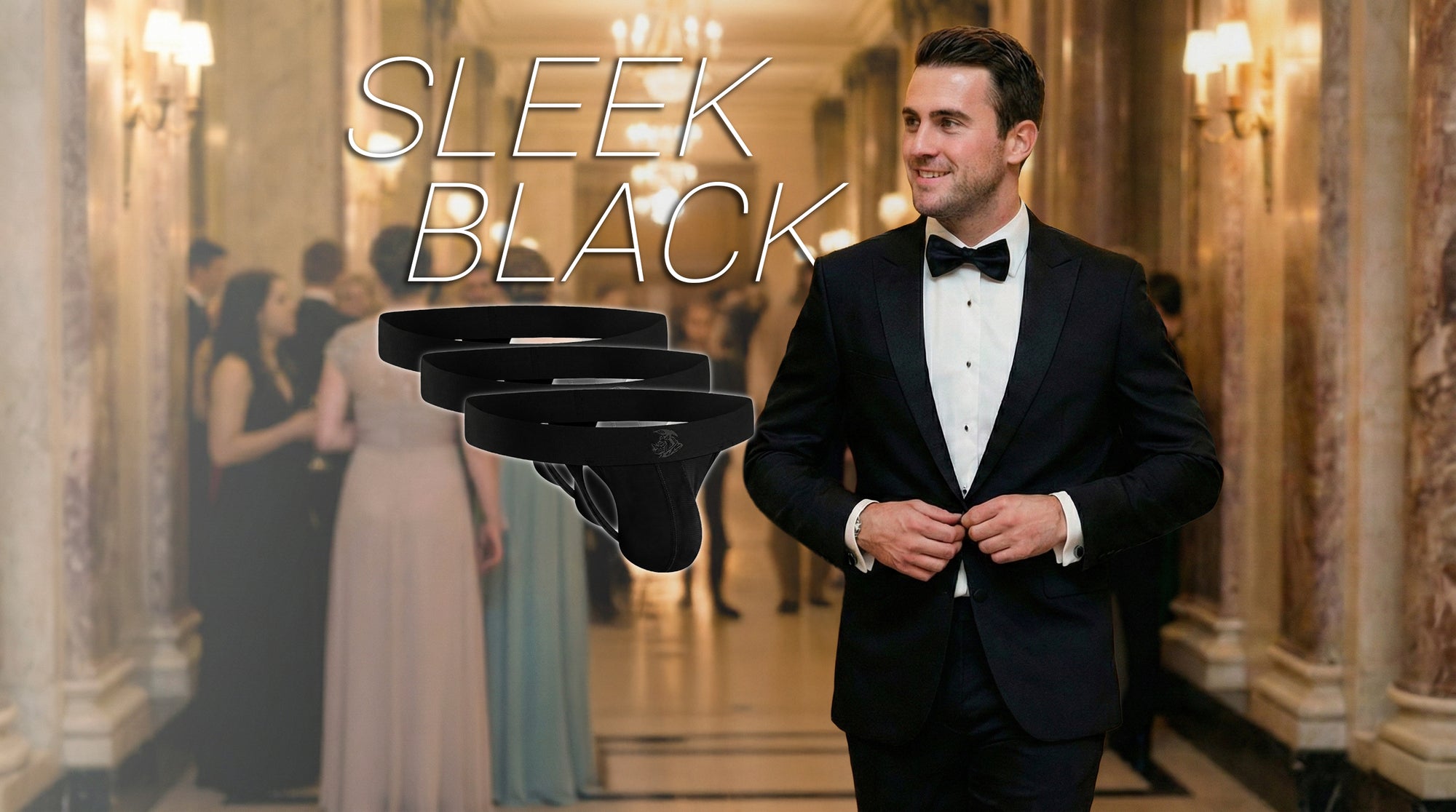 Man in a tuxedo holding a sleek black object with 'Sleek Black' text in an elegant hallway.