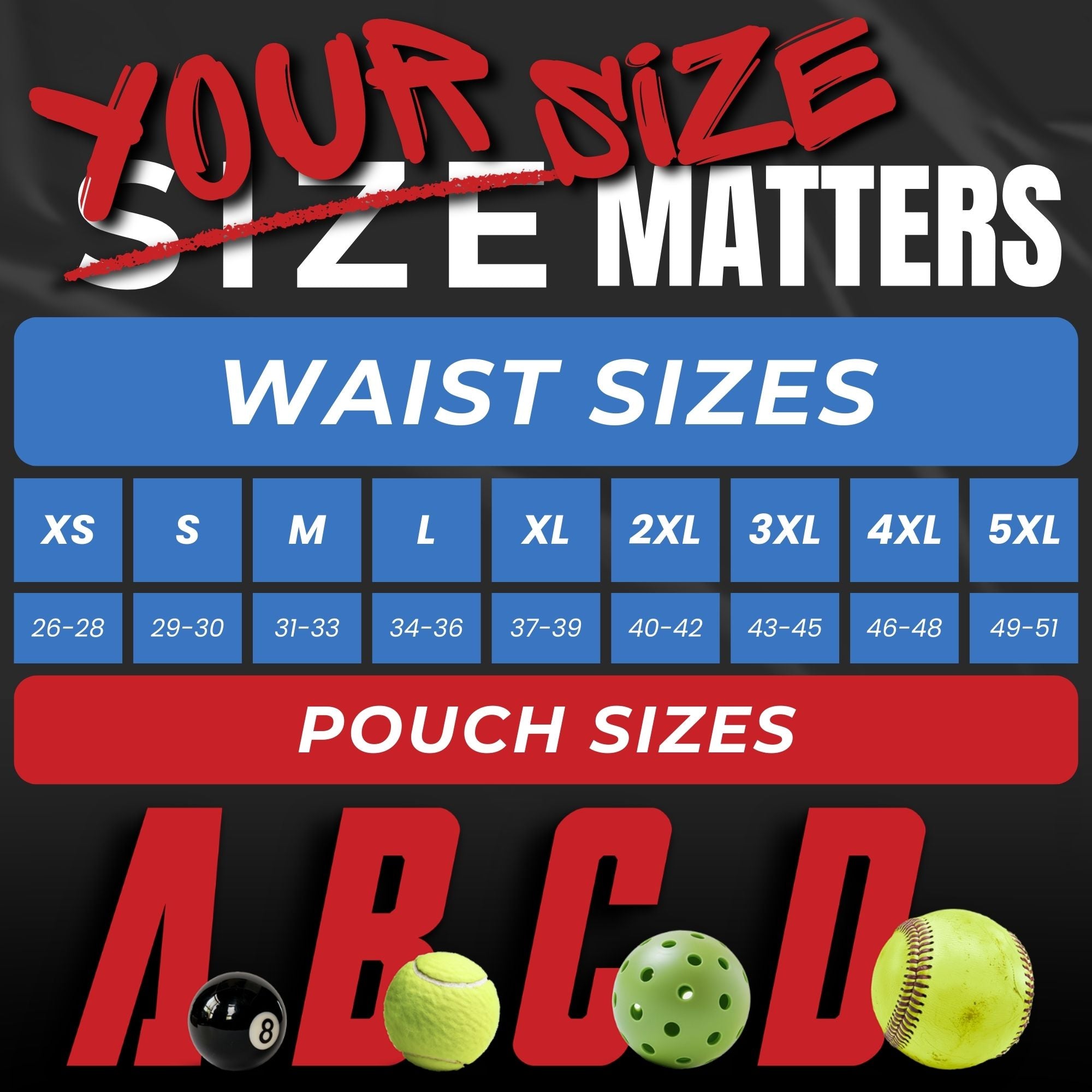 Waist sizes XS to 5XL and pouch sizes A through D.